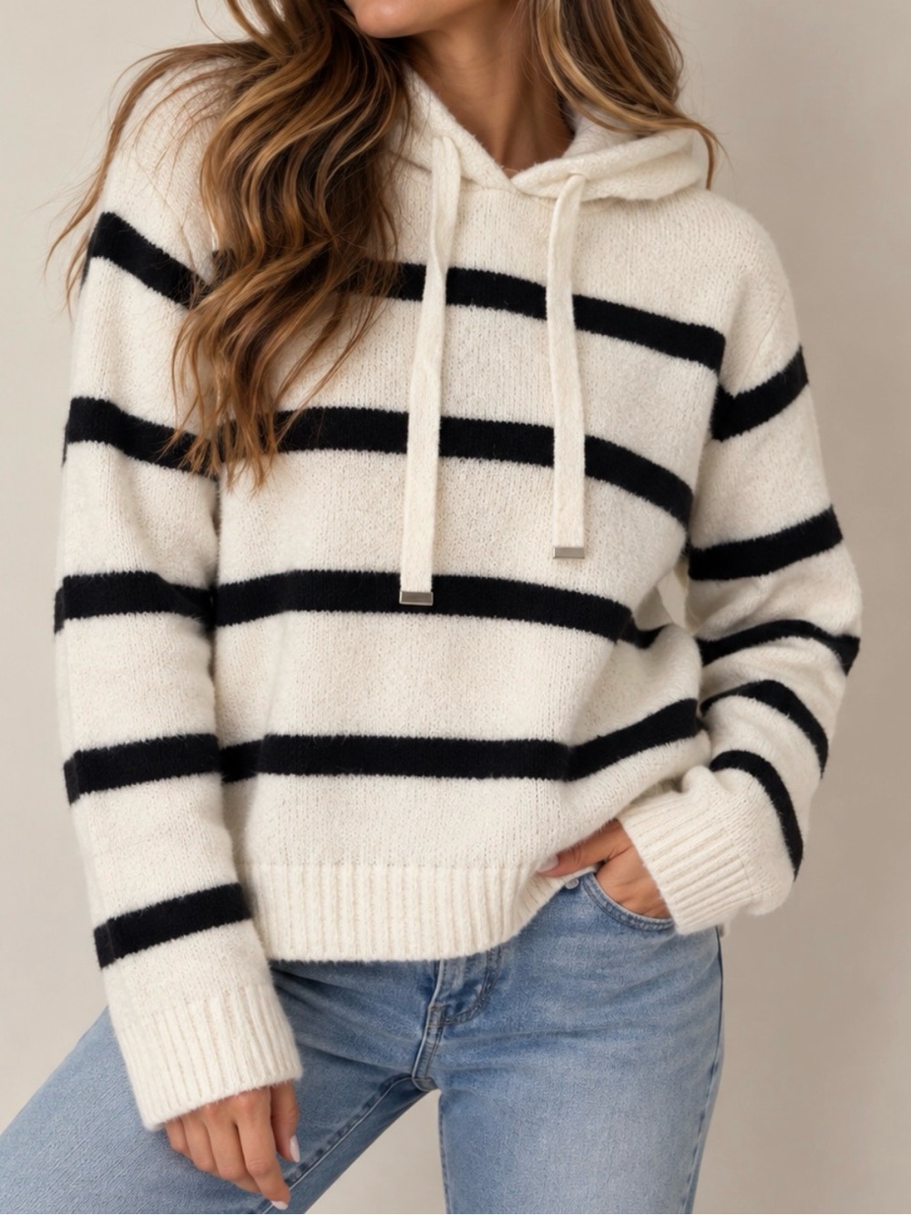 Max Studio Cream & Black Striped Knit Hoodie Sweater Size M